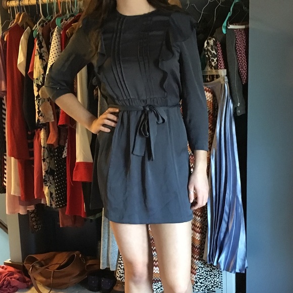 ZARA Basic • Navy Dress Ruffle Tie Long Sleeves - Picture 3 of 7